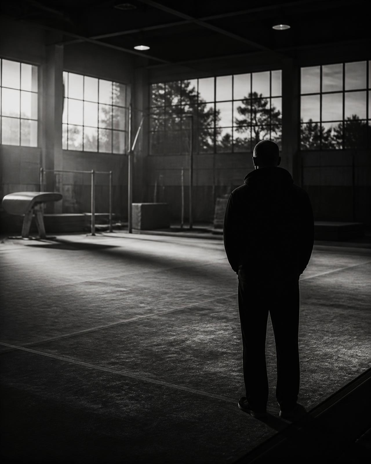 An empty training gym at dusk, one figure standing at the edge of the floor