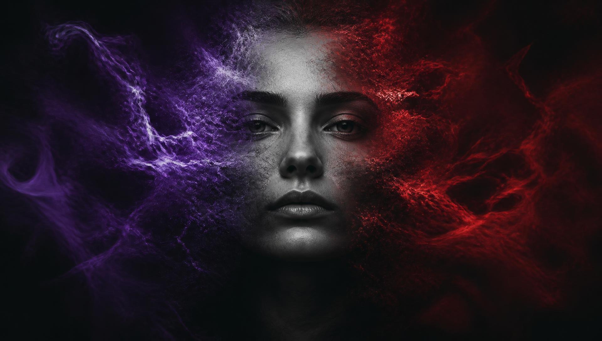 A face dissolving into violet and crimson energy